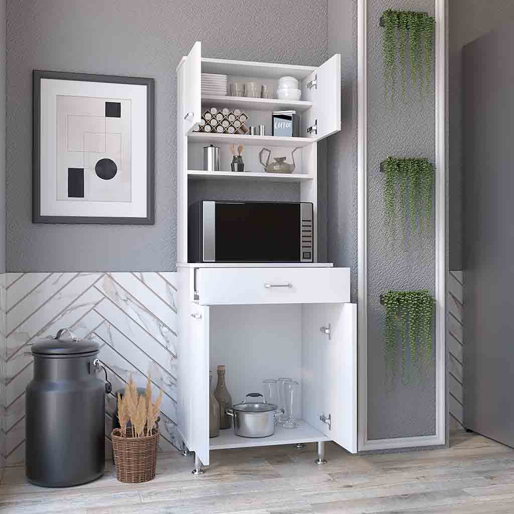 Pantry Cabinet 67" H, Four Doors, One Drawer, Three Internal Shelves, 2 External Storage Shelves, Microwave Storage Option, Four Legs, White