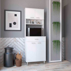 Pantry Cabinet 67" H, Four Doors, One Drawer, Three Internal Shelves, 2 External Storage Shelves, Microwave Storage Option, Four Legs, White