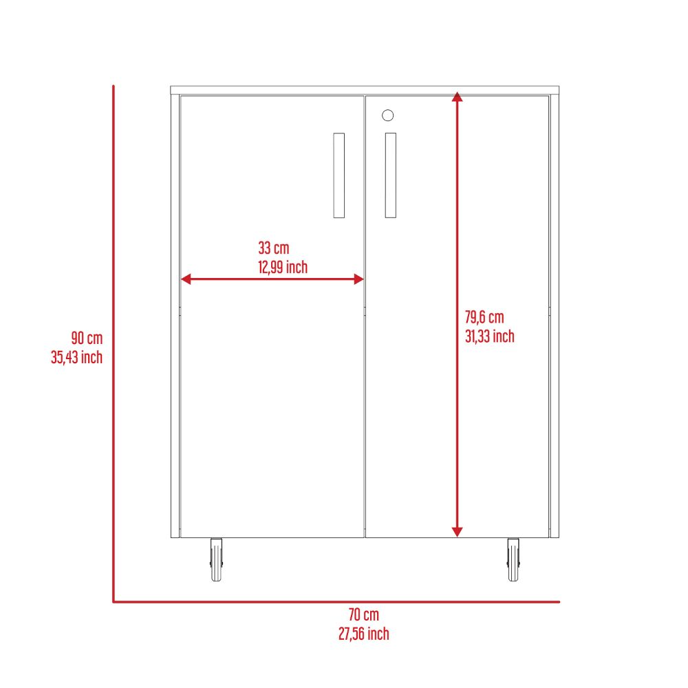 Multistorage Cabinet 35" H, two doors, two interior shelves, four wheels, Black