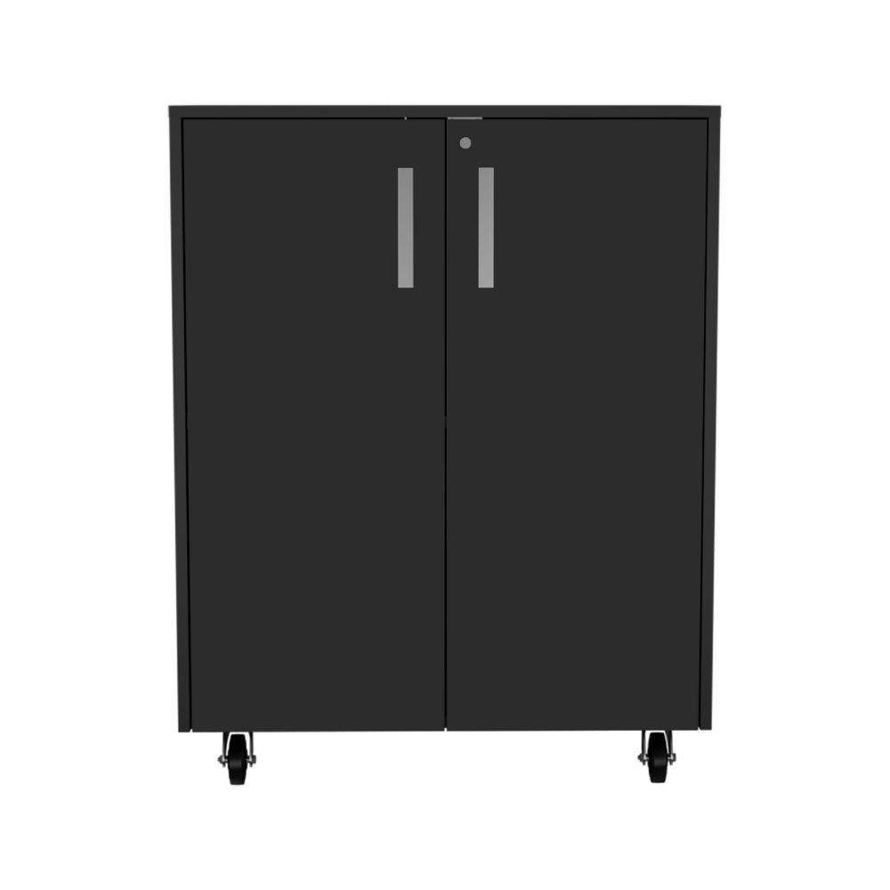 Multistorage Cabinet 35" H, two doors, two interior shelves, four wheels, Black