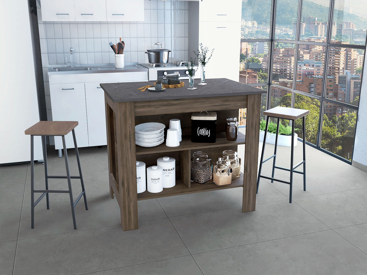 Kitchen Island, kitchen table 35" H, Four Legs, Three Open Storage Shelves, Dark Brown / Onix
