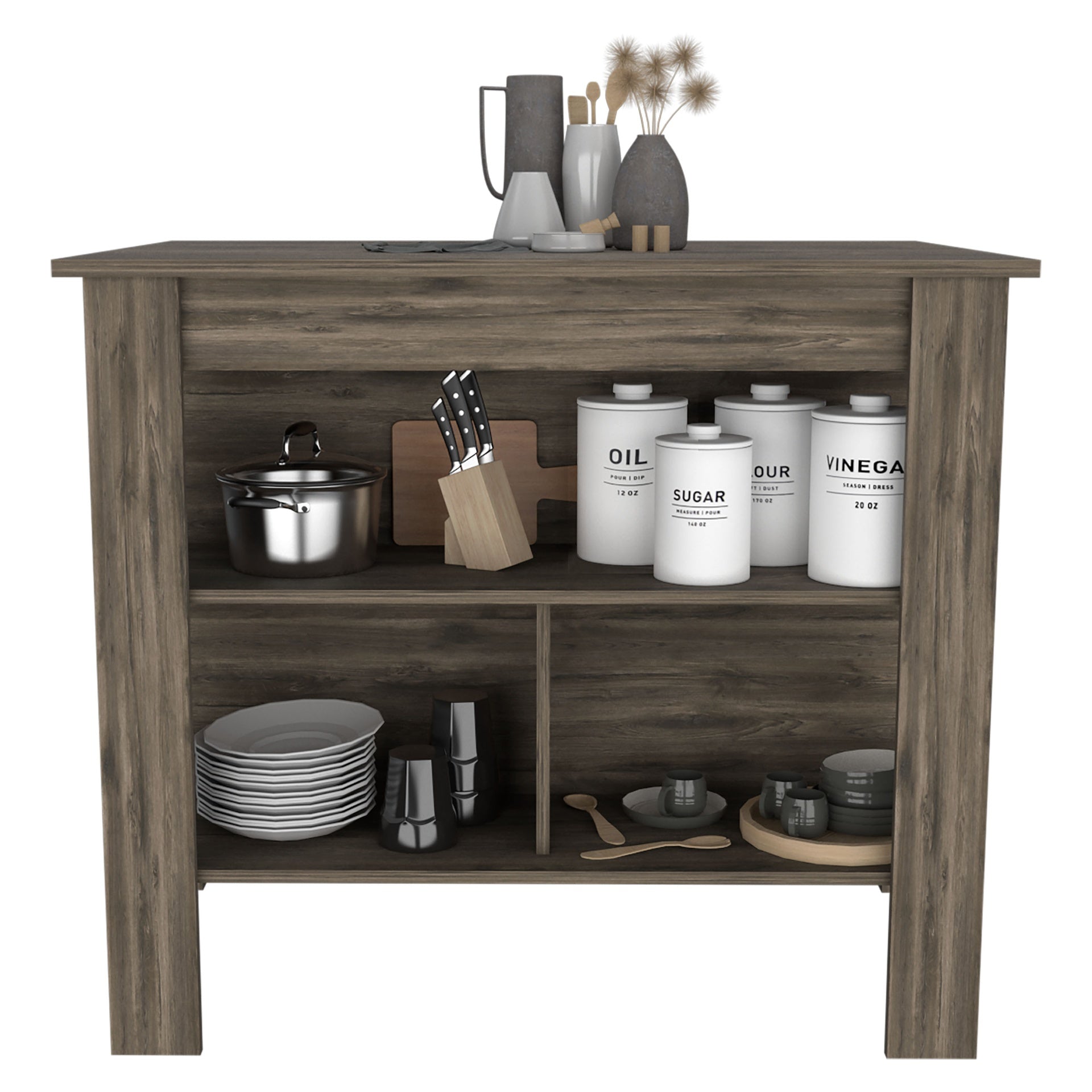 DEPOT E-SHOP Delos Kitchen Island, Four Legs, Three Shelves, Dark Brown