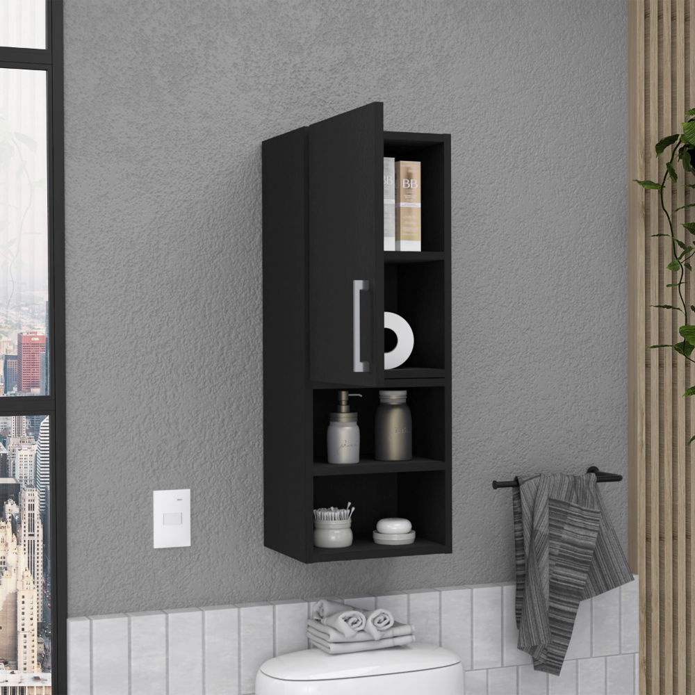 Medicine Single Door Cabinet 31"H, Two External Shelves, Two Interior Shelves, Black