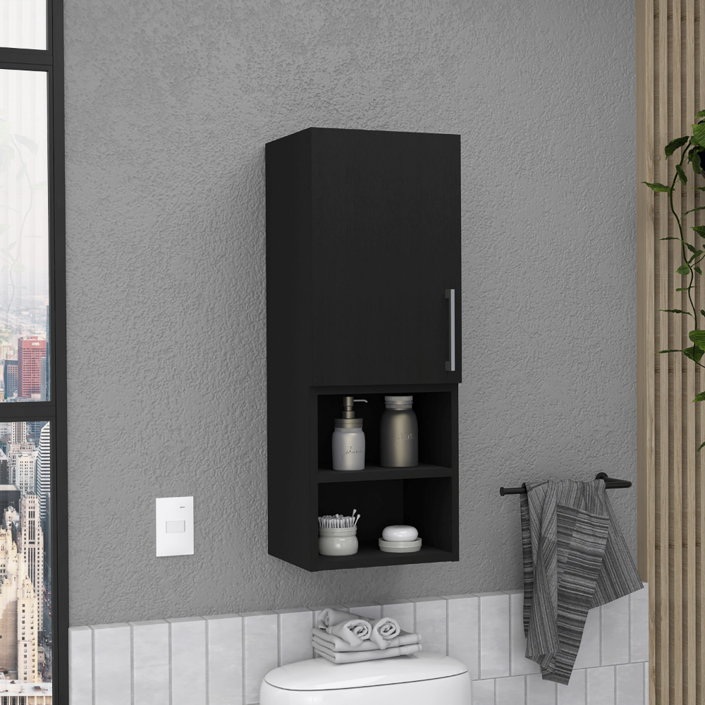 Medicine Single Door Cabinet 31"H, Two External Shelves, Two Interior Shelves, Black