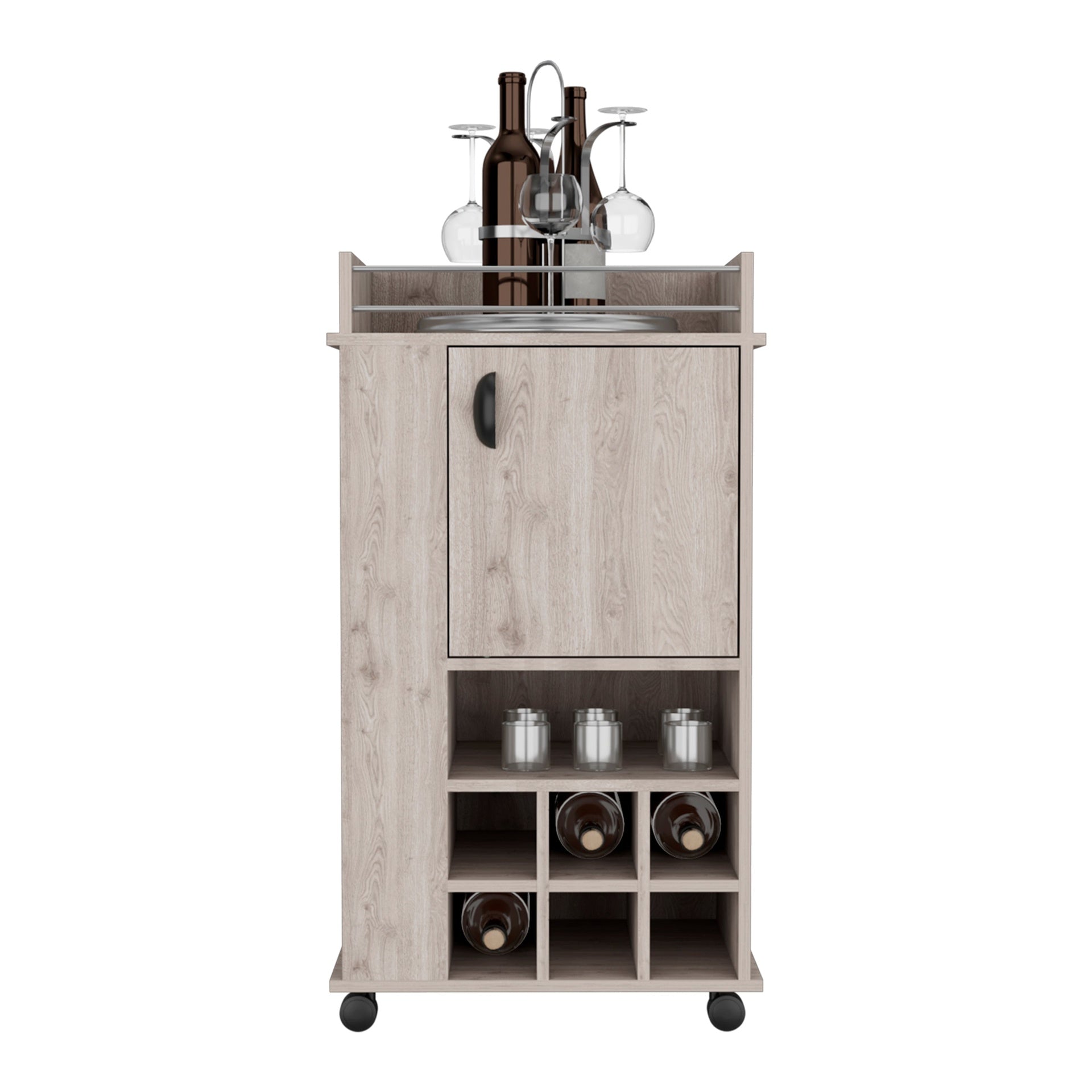 Bar Cart with 6 Built-in Wine Rack and Casters, Light Gray