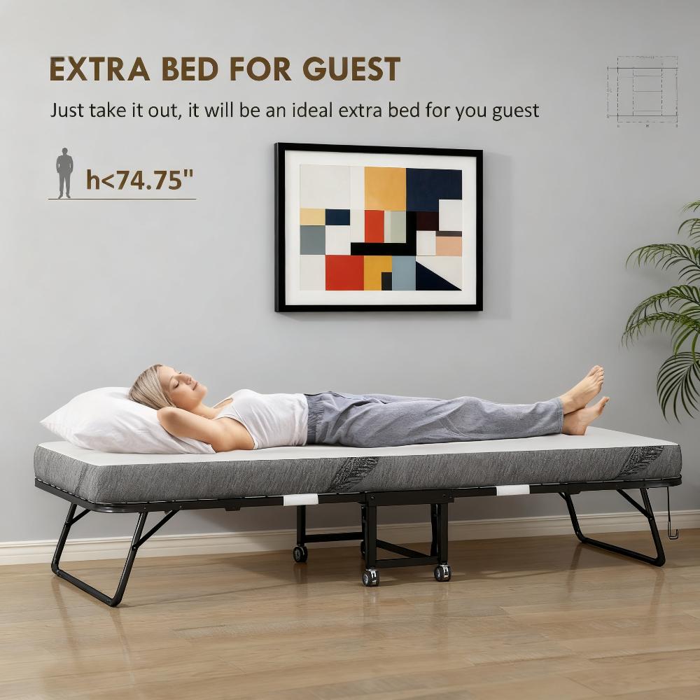 Folding Bed with Mattress for Adults, Single Size, Portable Foldable Bed with Memory Foam Mattress & Steel Frame