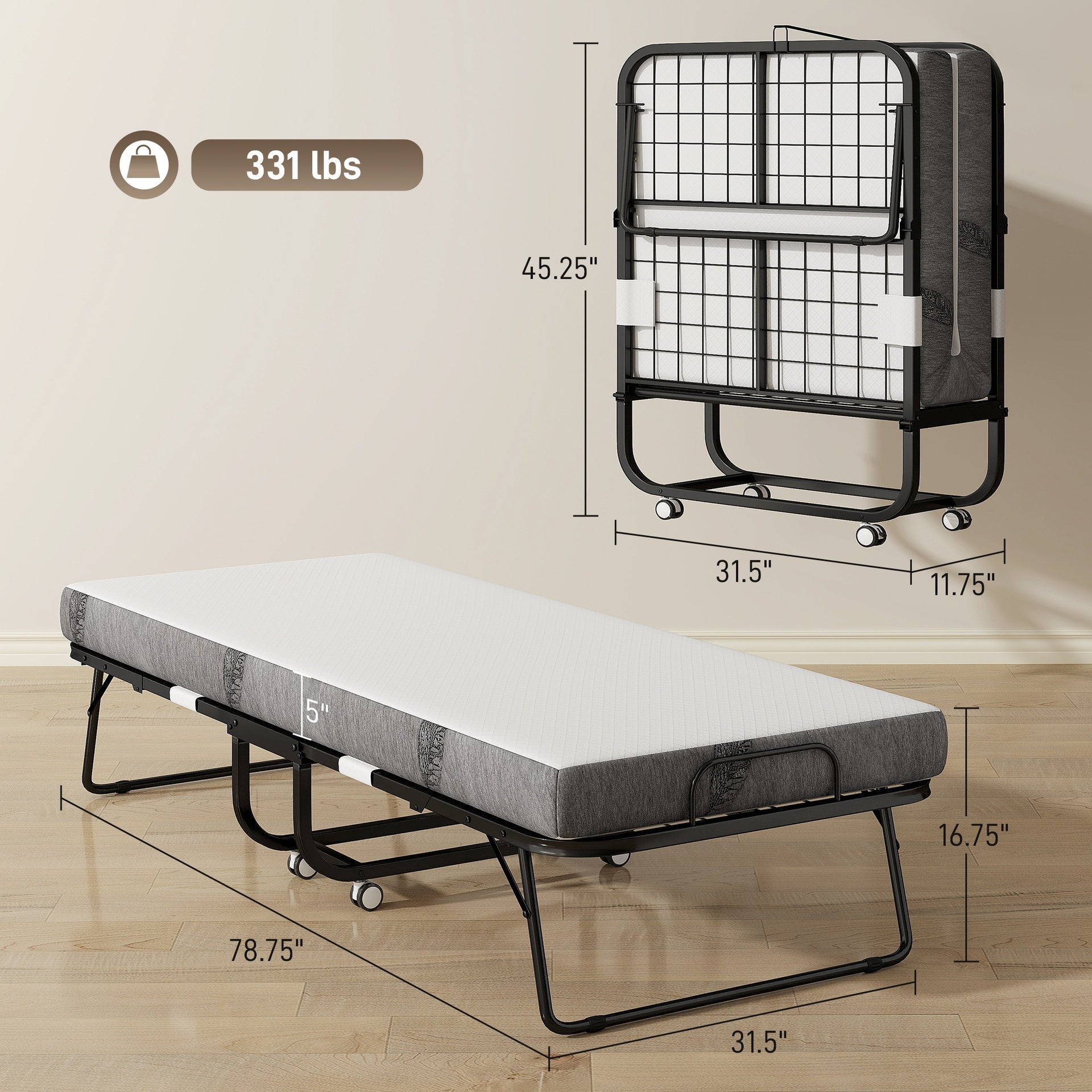 Folding Bed with Mattress for Adults, Single Size, Portable Foldable Bed with Memory Foam Mattress & Steel Frame