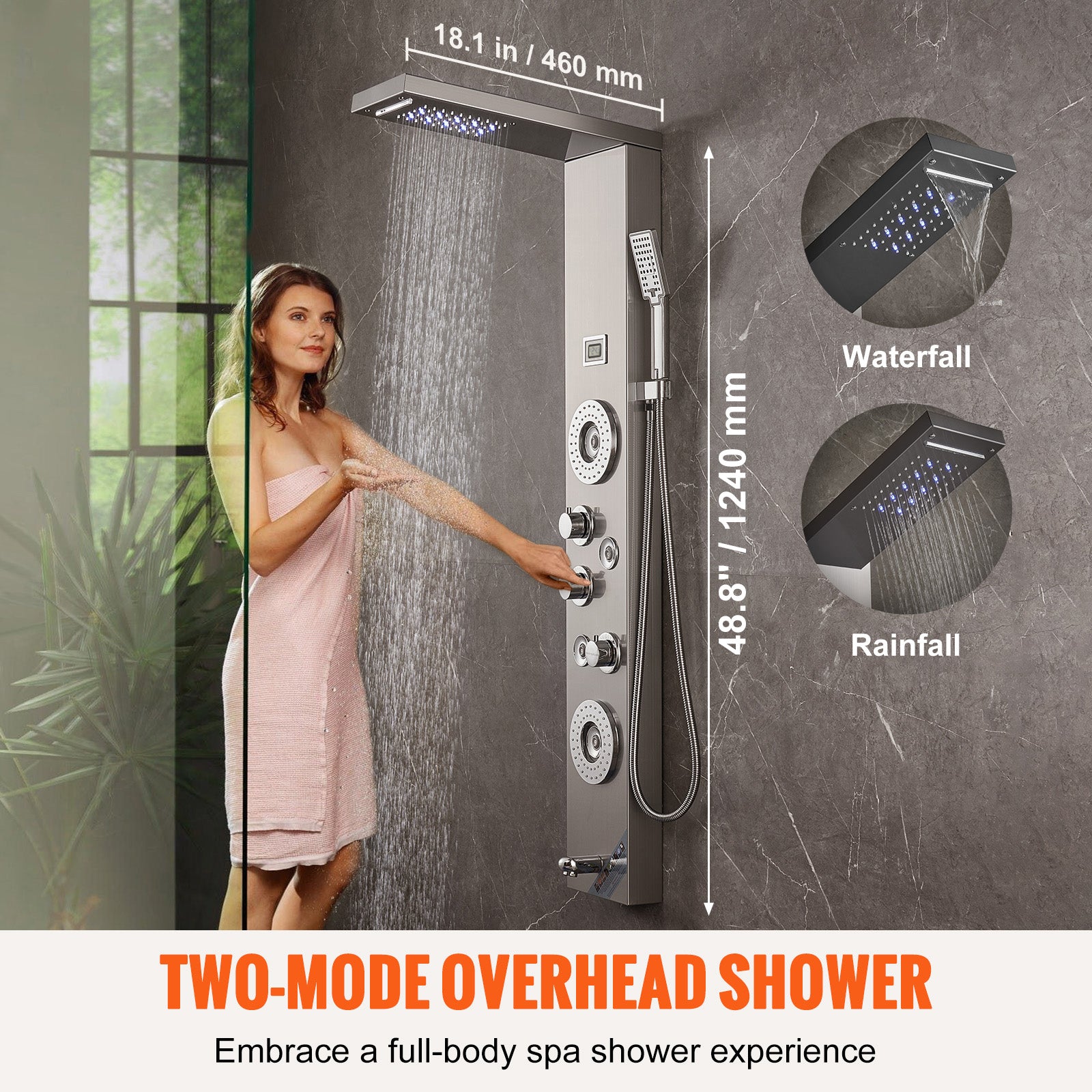 Shower Panel System, 6 Shower Modes, LED & Display Shower Panel Tower, Rainfall, Waterfall, 4 Body Massage Jets, Tub Spout, Handheld Shower Head 59" Hose, Stainless Steel Wall-Mounted Shower Set