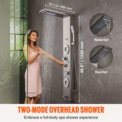 Shower Panel System, 6 Shower Modes, LED & Display Shower Panel Tower, Rainfall, Waterfall, 4 Body Massage Jets, Tub Spout, Handheld Shower Head 59" Hose, Stainless Steel Wall-Mounted Shower Set