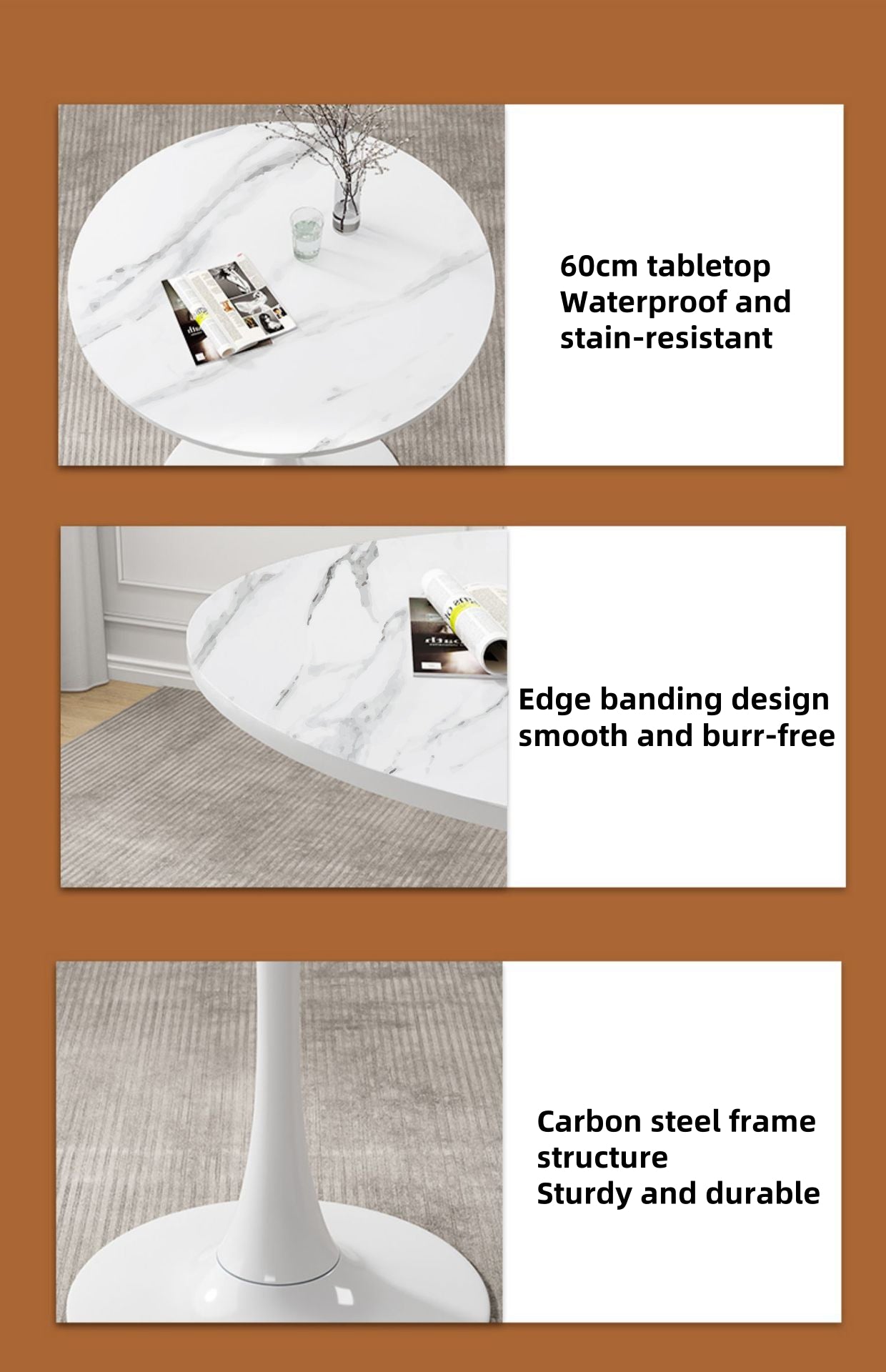 Marble Texture Round Table, Dining Table, Modern Dining Table, Kitchen Table, MDF Top and Steel Base Tulip Round Kitchen Table, Mid Century Coffee Table for Living Room 24 Inch