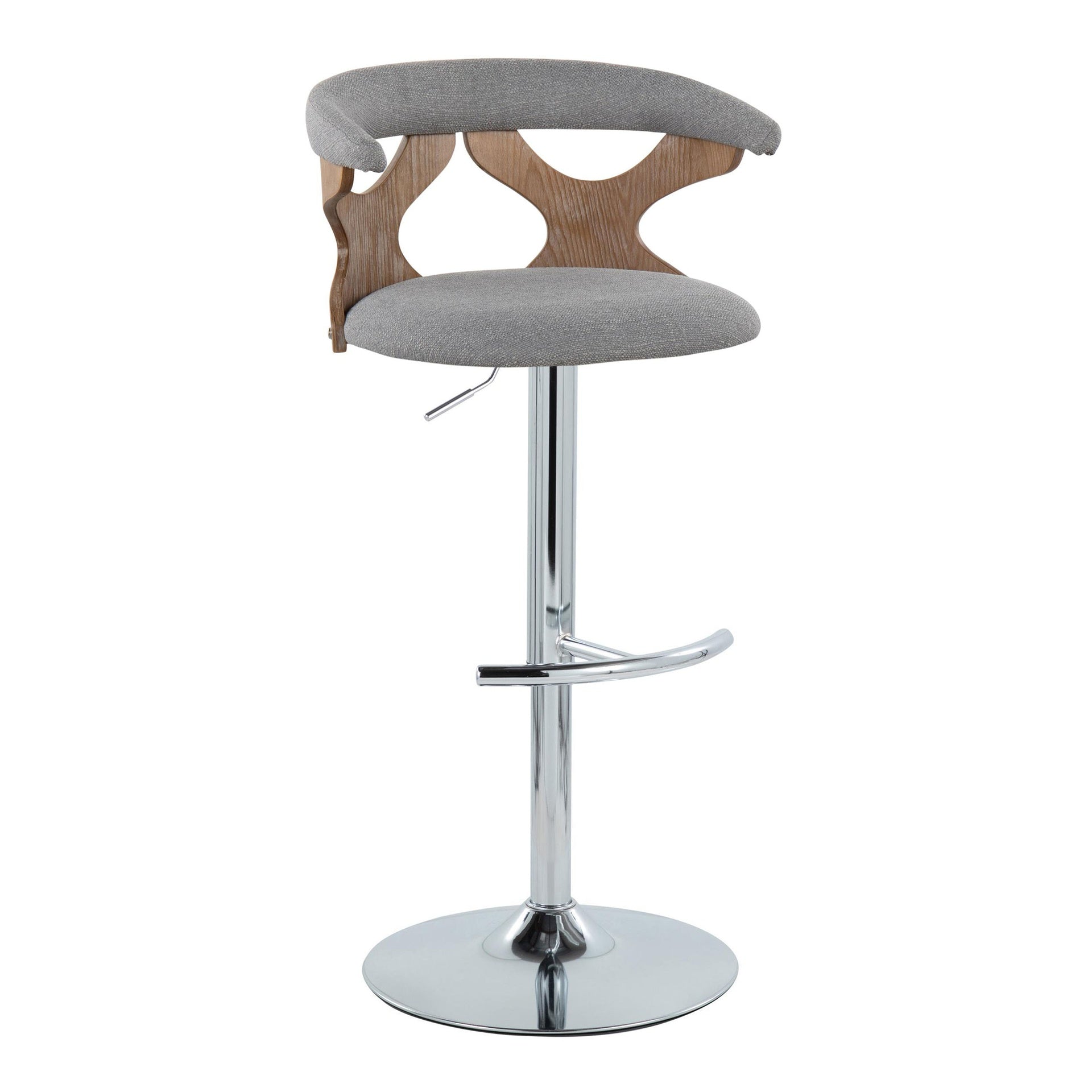 Gardenia Contemporary Adjustable Barstool with Swivel in Chrome Metal, White Washed Wood and Light Grey Fabric with Rounded T Footrest by LumiSource - Set of 2