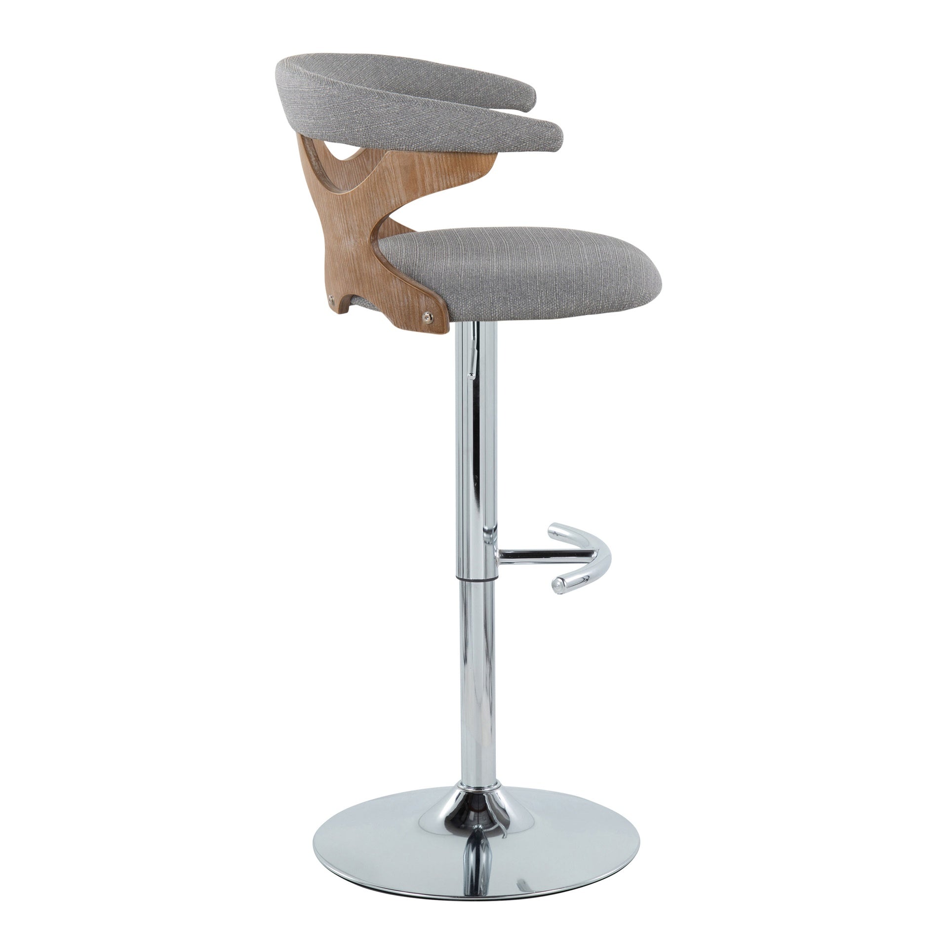 Gardenia Contemporary Adjustable Barstool with Swivel in Chrome Metal, White Washed Wood and Light Grey Fabric with Rounded T Footrest by LumiSource - Set of 2