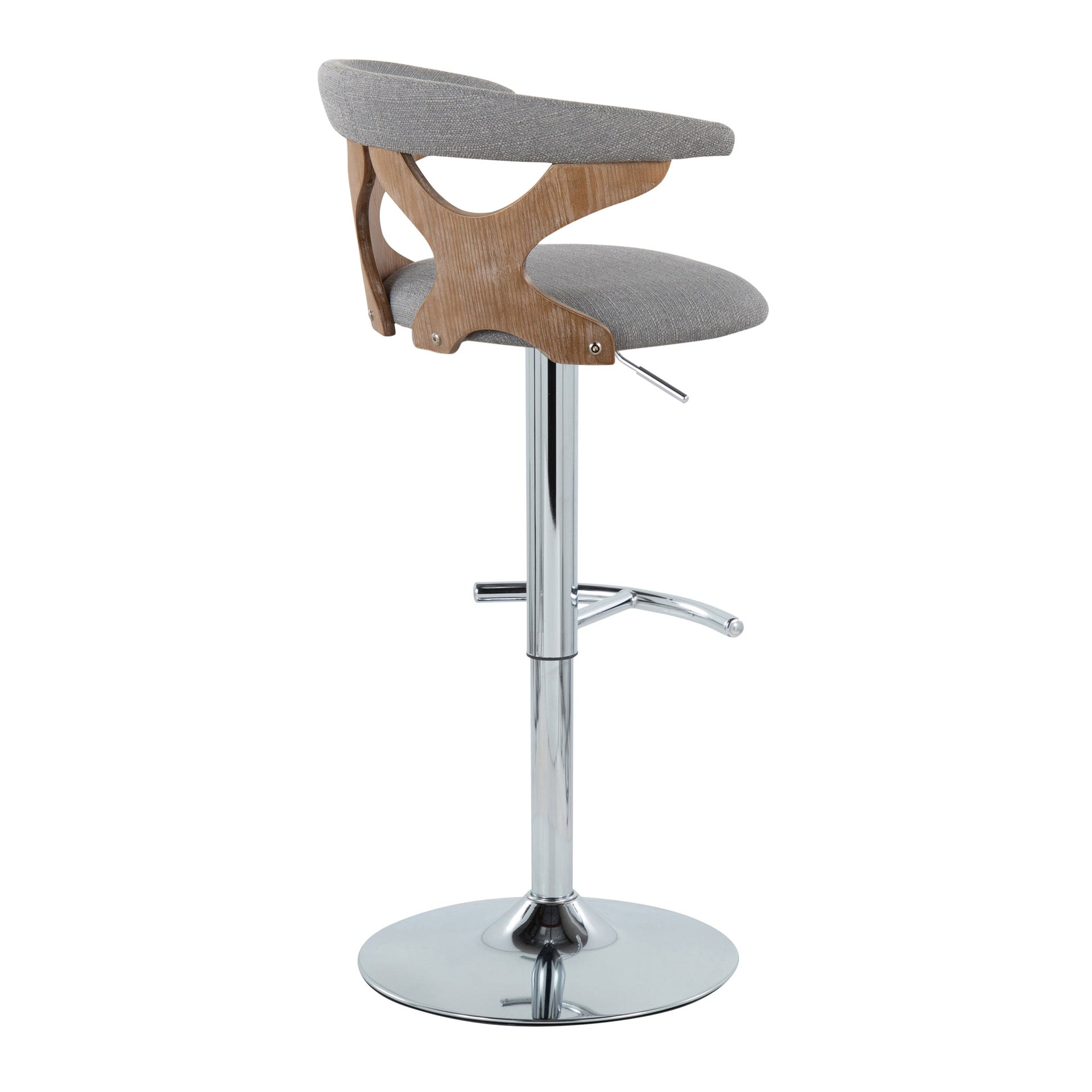 Gardenia Contemporary Adjustable Barstool with Swivel in Chrome Metal, White Washed Wood and Light Grey Fabric with Rounded T Footrest by LumiSource - Set of 2