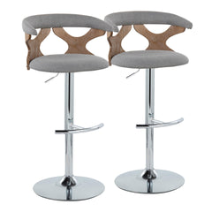 Gardenia Contemporary Adjustable Barstool with Swivel in Chrome Metal, White Washed Wood and Light Grey Fabric with Rounded T Footrest by LumiSource - Set of 2