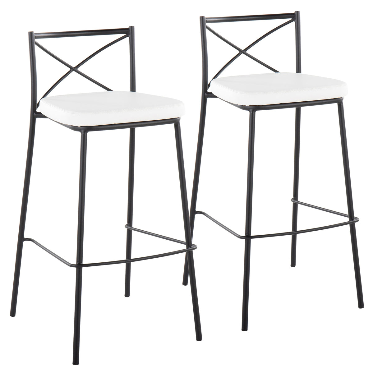 Modern Charlotte 30" Contemporary Fixed-Height Barstool in Black Metal and White Faux Leather by LumiSource - Set of 2