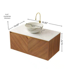 RUBEN 36" Bathroom Vanity&Sink, Floating Plywood Storage Cabinet, Twill Double Doors with Metal Trim, Stone Pattern White Bowl Ceramic Vessel Basin&Sintered Stone Top, Brown Oak Woodgrain Color