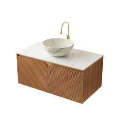 RUBEN 36" Bathroom Vanity&Sink, Floating Plywood Storage Cabinet, Twill Double Doors with Metal Trim, Stone Pattern White Bowl Ceramic Vessel Basin&Sintered Stone Top, Brown Oak Woodgrain Color