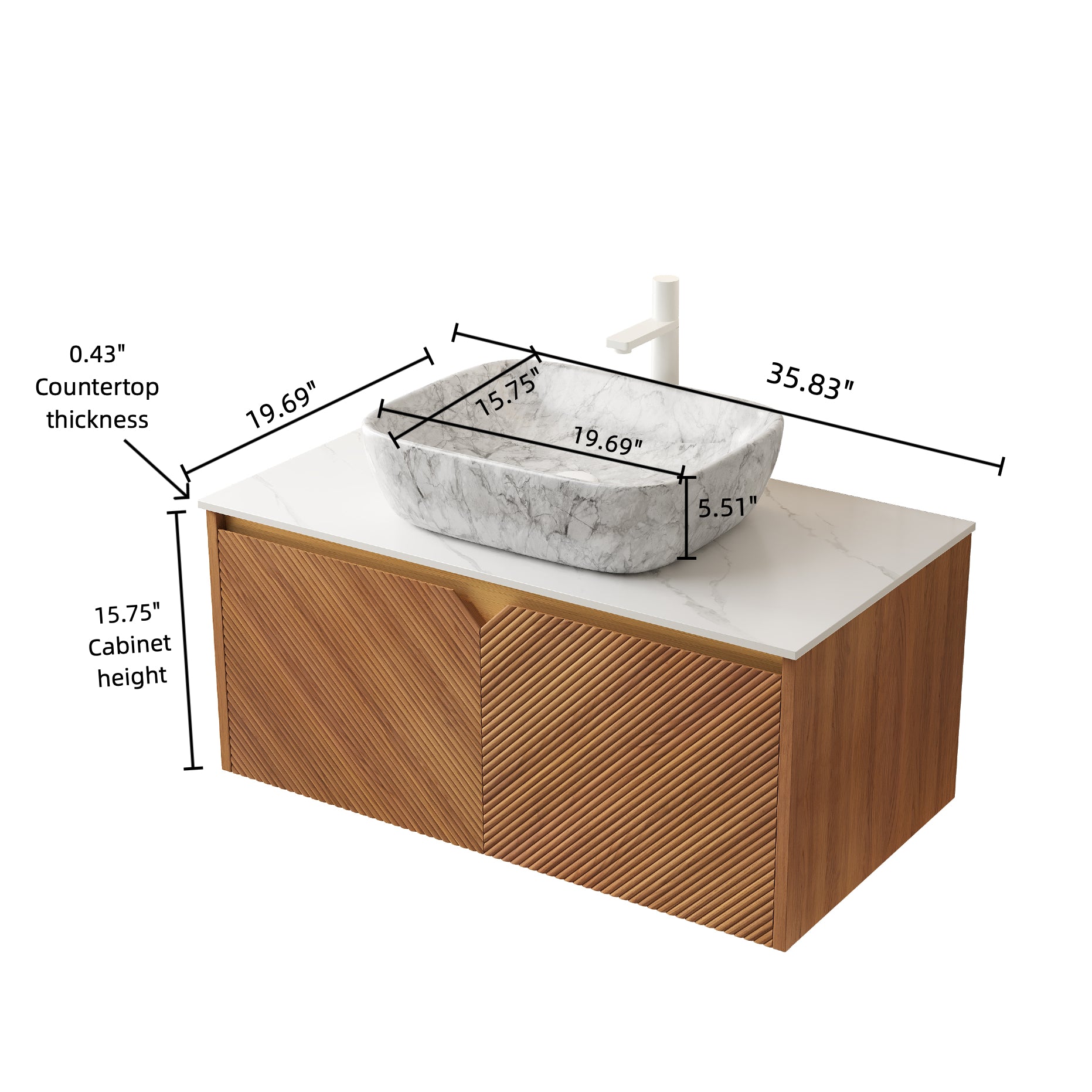 RUBEN 36" Bathroom Vanity&Sink, Floating Plywood Storage Cabinet, Twill Double Doors with Metal Trim, Marble Pattern Ceramic Vessel Basin&Carrara White Sintered Stone Top, Brown Oak Woodgrain Color