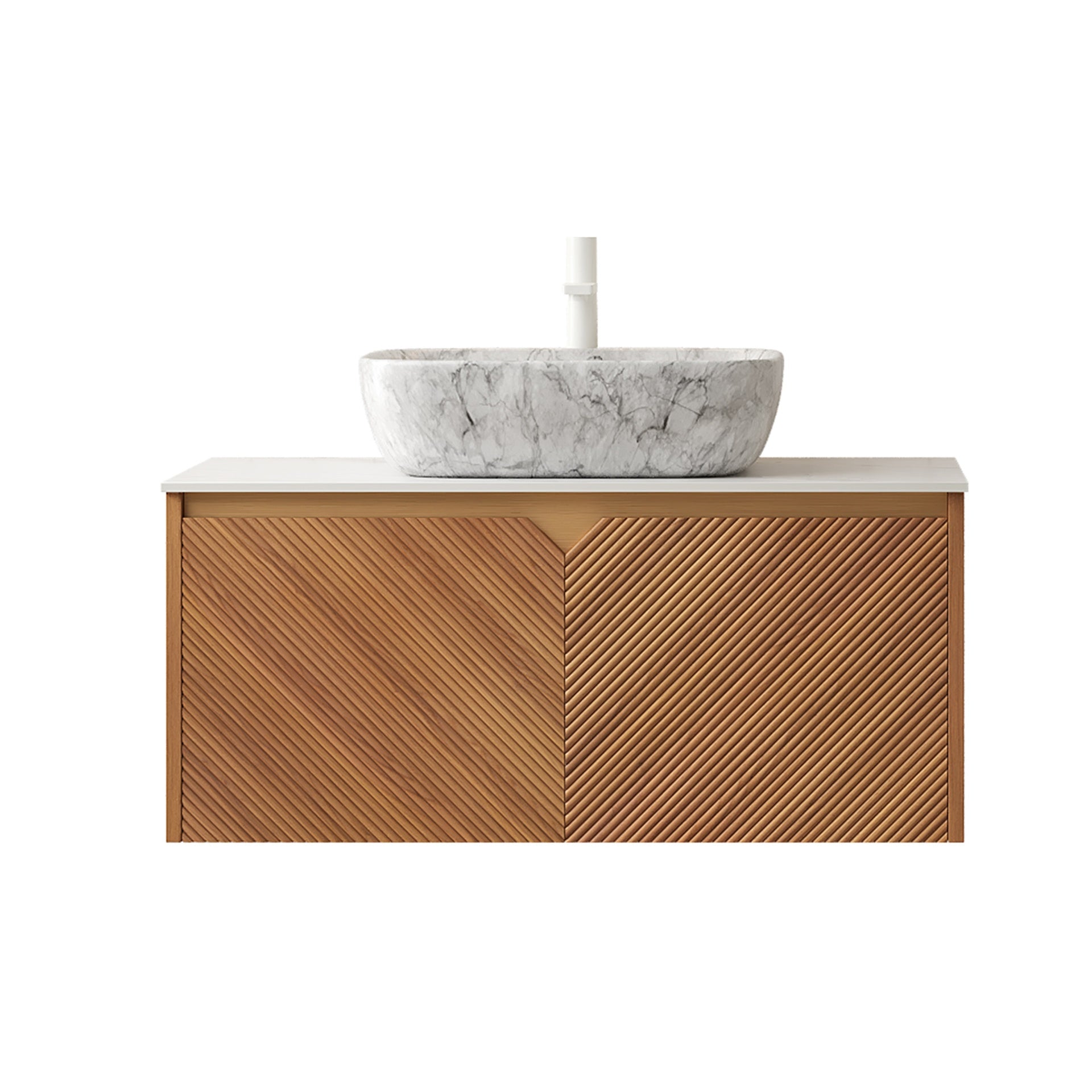 RUBEN 36" Bathroom Vanity&Sink, Floating Plywood Storage Cabinet, Twill Double Doors with Metal Trim, Marble Pattern Ceramic Vessel Basin&Carrara White Sintered Stone Top, Brown Oak Woodgrain Color