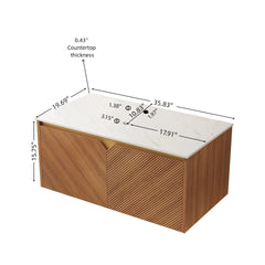 RUBEN 36" Wall-Mounted Brown Oak Plywood Cabinet and Carrara White Sintered Stone Countertop, NO Basin, NO Faucet and Sink Cover