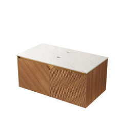 RUBEN 36" Wall-Mounted Brown Oak Plywood Cabinet and Carrara White Sintered Stone Countertop, NO Basin, NO Faucet and Sink Cover