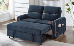 Chenille Pull Out Sofa Bed, 58-inch Sofa Bed, Sleeper Sofa, Loveseat Sofa  with Adjustable 3 -Position Backrest, 4 Side Pockets and Charging Ports for Living Room, Blue