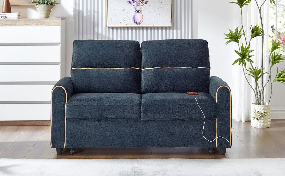 Chenille Pull Out Sofa Bed, 58-inch Sofa Bed, Sleeper Sofa, Loveseat Sofa  with Adjustable 3 -Position Backrest, 4 Side Pockets and Charging Ports for Living Room, Blue