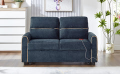 Chenille Pull Out Sofa Bed, 58-inch Sofa Bed, Sleeper Sofa, Loveseat Sofa  with Adjustable 3 -Position Backrest, 4 Side Pockets and Charging Ports for Living Room, Blue