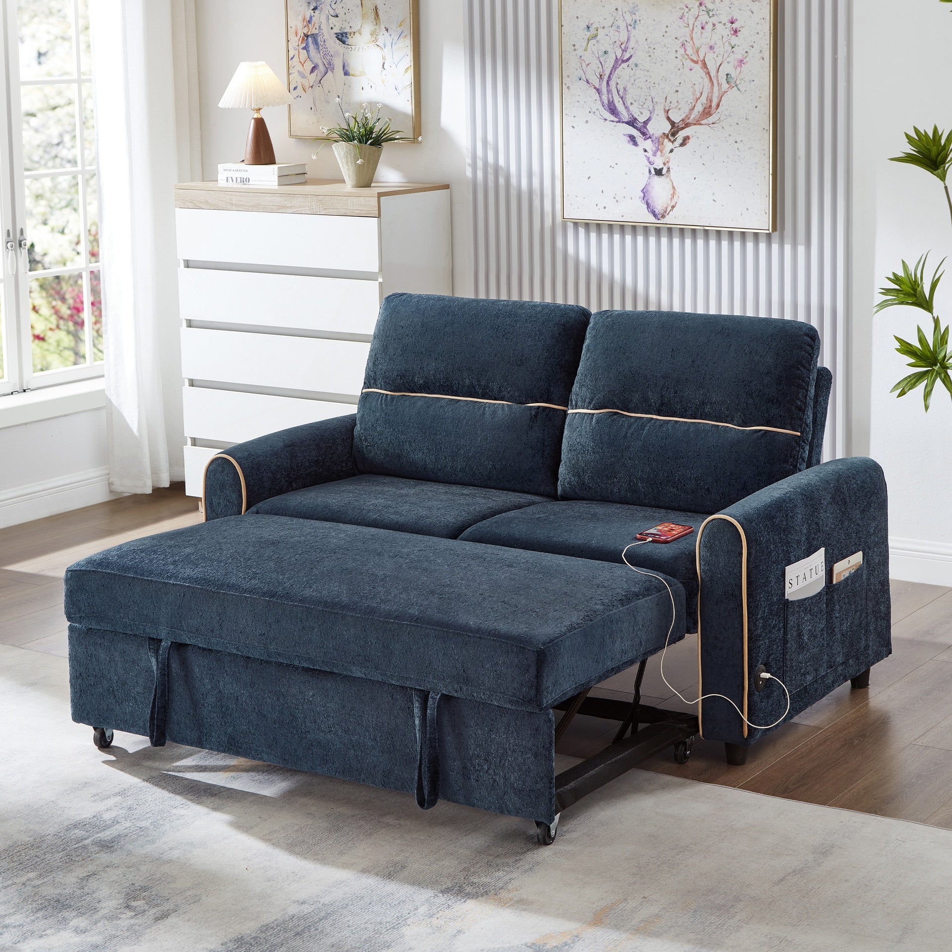 Chenille Pull Out Sofa Bed, 58-inch Sofa Bed, Sleeper Sofa, Loveseat Sofa  with Adjustable 3 -Position Backrest, 4 Side Pockets and Charging Ports for Living Room, Blue