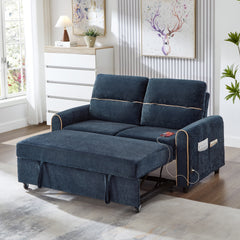 Chenille Pull Out Sofa Bed, 58-inch Sofa Bed, Sleeper Sofa, Loveseat Sofa  with Adjustable 3 -Position Backrest, 4 Side Pockets and Charging Ports for Living Room, Blue