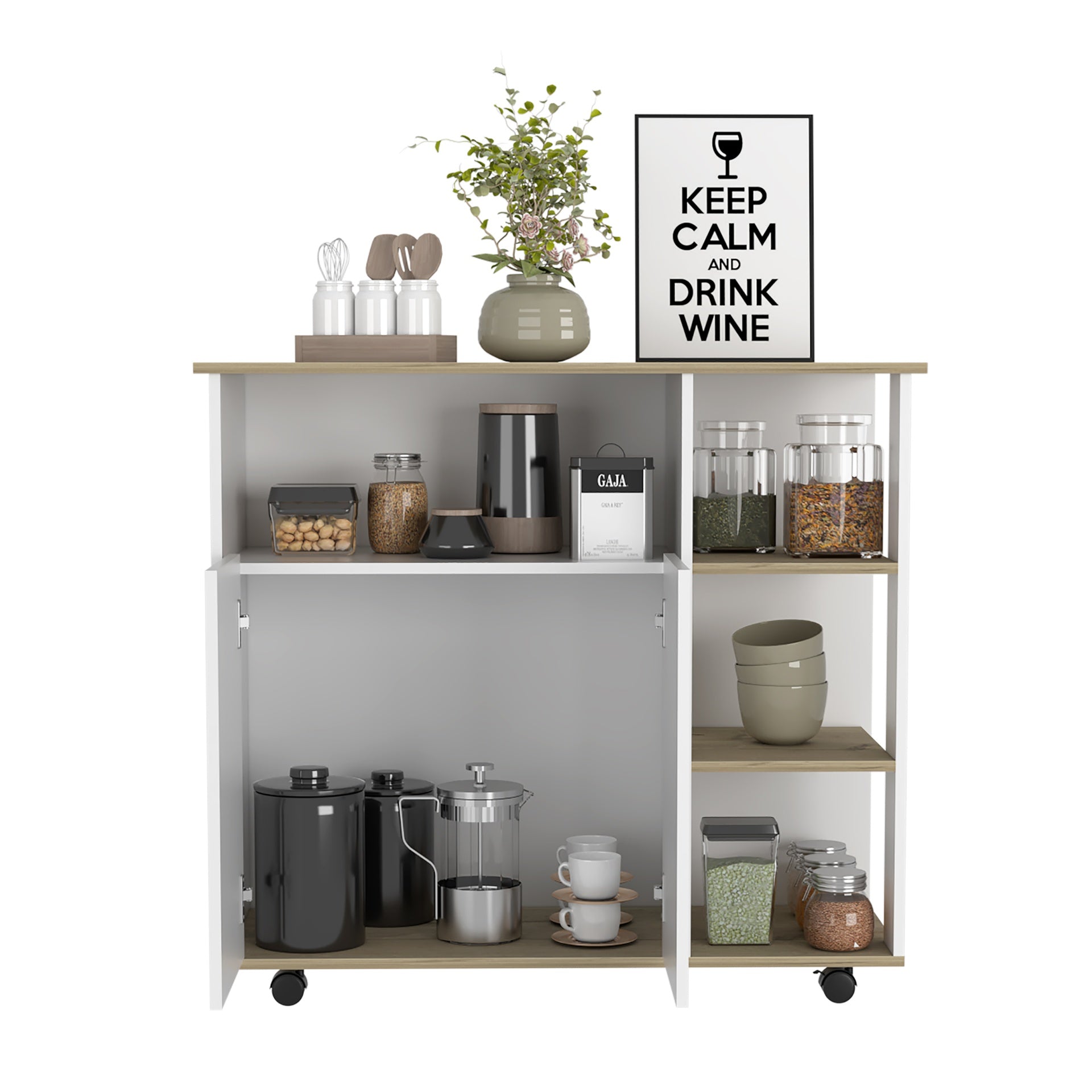 Kitchen Island Kamkacht, One Cabinet, Four Open Shelves, Light Oak / White Finish