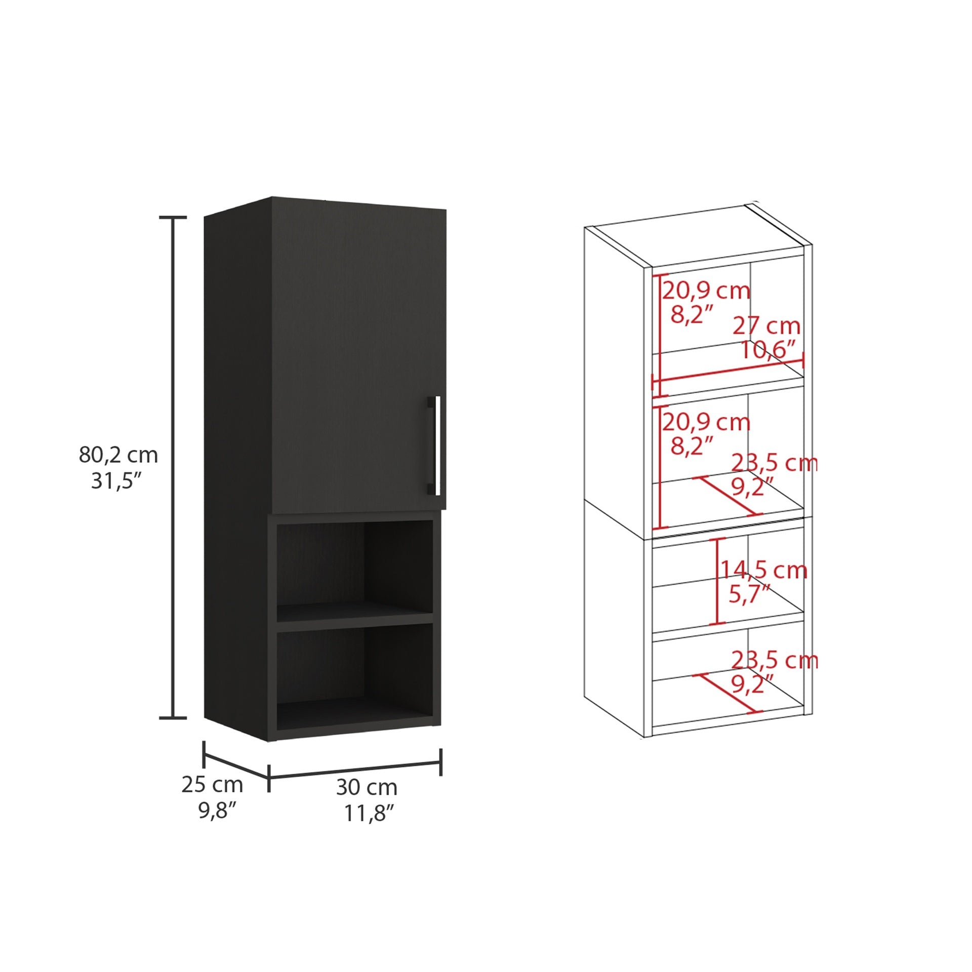 Medicine Cabinet Jozz, Two External Shelves, Metal Handle, Single Door, Black Wengue Finish