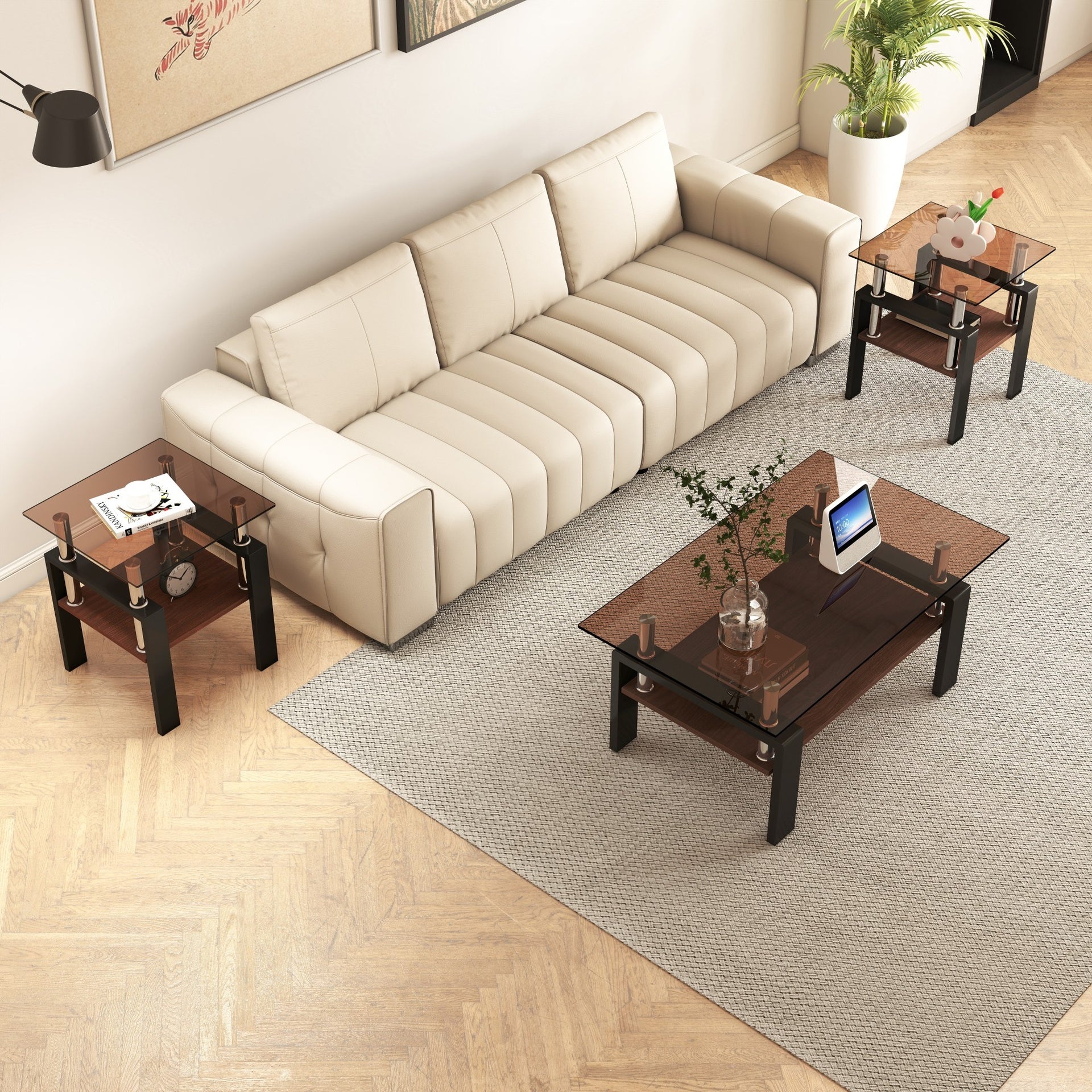 Set of 2 Modern Tempered Glass Tea Table ,Tempered Glass Tabletop with MDF Layer,Coffee Table,End Table, Square Table for Living Room, Brown/black