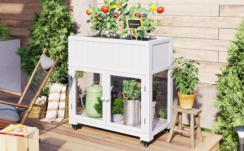 TOPMAX Patio 35.4''x17.7''x37.4'' Mini Wood Cold Frame, Compact 2 Doors Garden Greenhouse with Wheels, Raised Bed with Liner for Indoor Outdoor Use, White