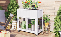 TOPMAX Patio 35.4''x17.7''x37.4'' Mini Wood Cold Frame, Compact 2 Doors Garden Greenhouse with Wheels, Raised Bed with Liner for Indoor Outdoor Use, White