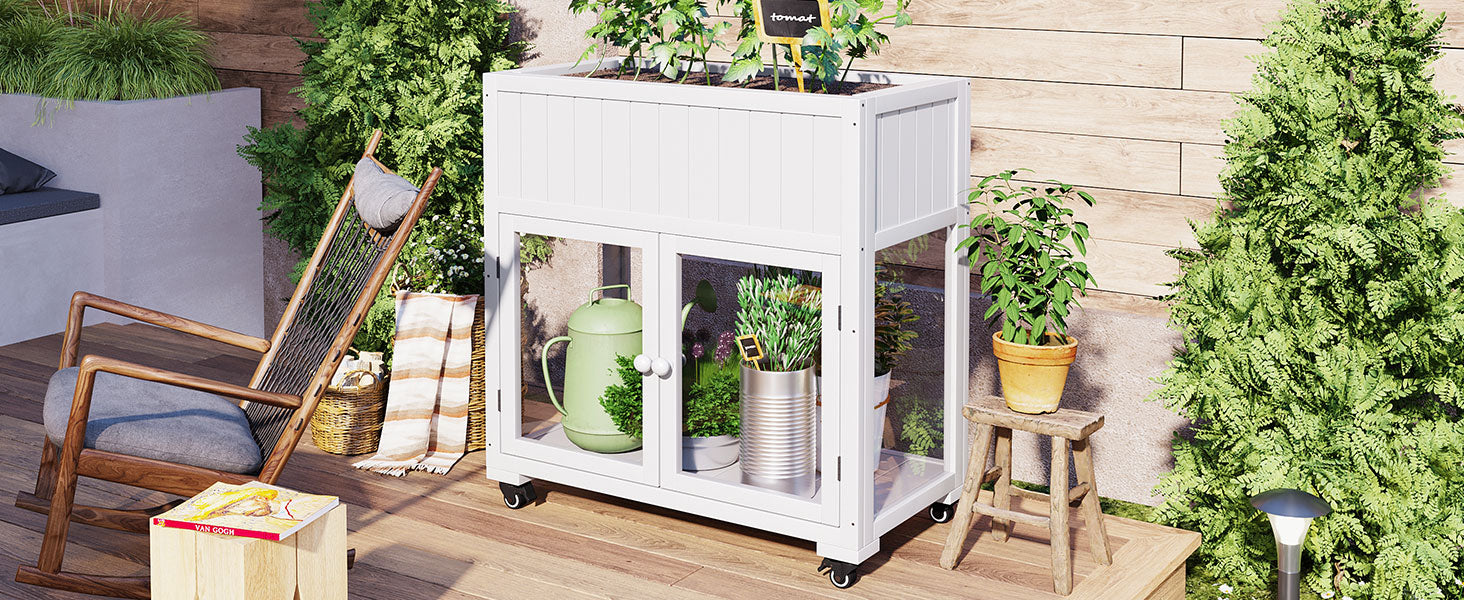 TOPMAX Patio 35.4''x17.7''x37.4'' Mini Wood Cold Frame, Compact 2 Doors Garden Greenhouse with Wheels, Raised Bed with Liner for Indoor Outdoor Use, White