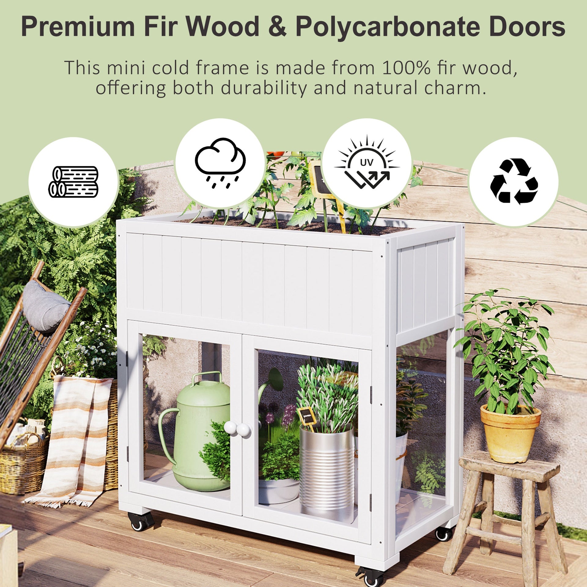 TOPMAX Patio 35.4''x17.7''x37.4'' Mini Wood Cold Frame, Compact 2 Doors Garden Greenhouse with Wheels, Raised Bed with Liner for Indoor Outdoor Use, White