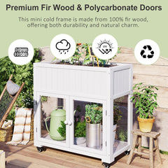TOPMAX Patio 35.4''x17.7''x37.4'' Mini Wood Cold Frame, Compact 2 Doors Garden Greenhouse with Wheels, Raised Bed with Liner for Indoor Outdoor Use, White