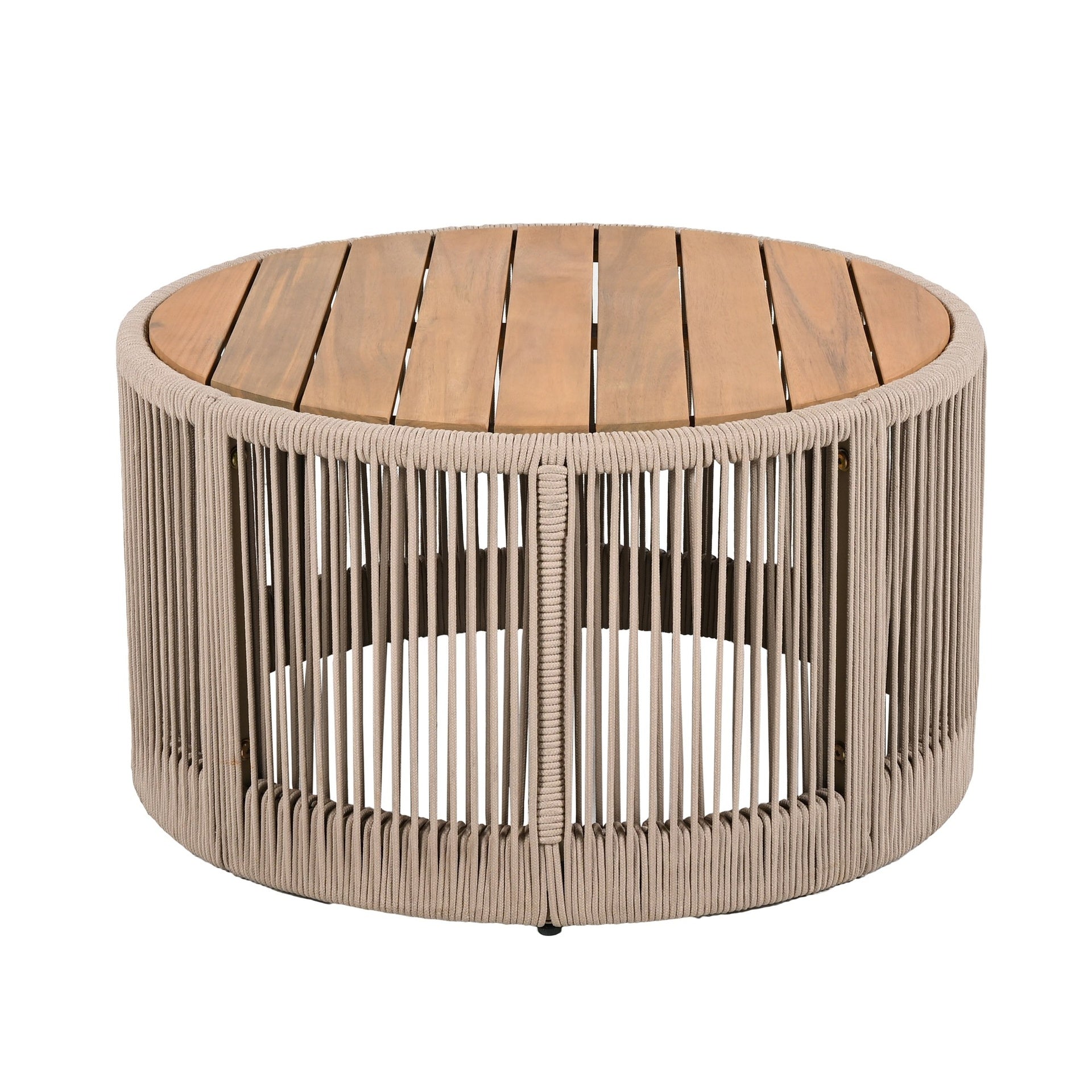 Outdoor Rattan rope & Acacia Wood Coffee Table - Patio Balcony Furniture for Garden, Yard, Balcony - Weather Resistant(Rope Beige, Natural Iron)