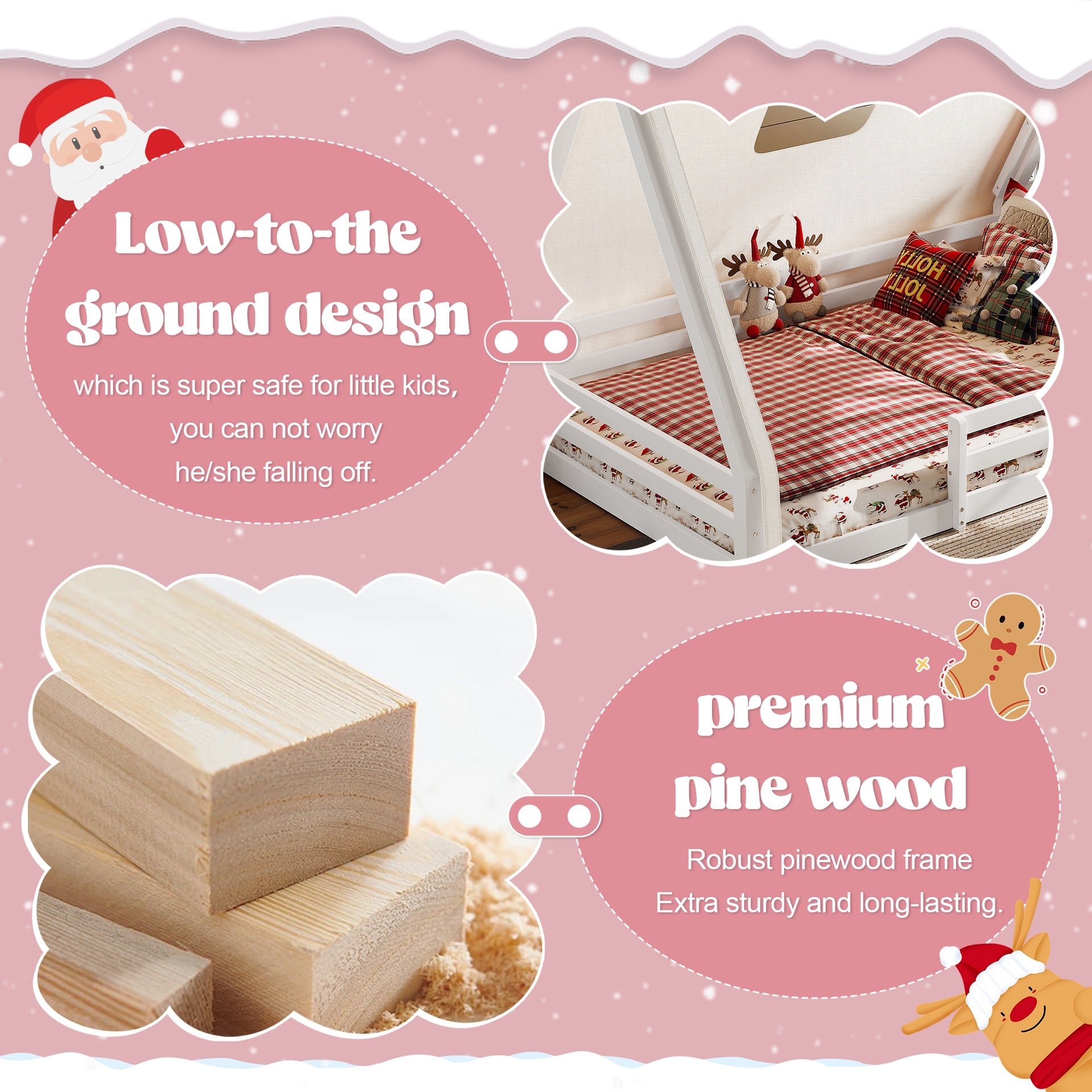 Full Size House Floor Bed with Tent and Light, Solid Wood Teepee Floor Bed with Full-length Guardrails, Montessori and Childlike Design, White+Pink