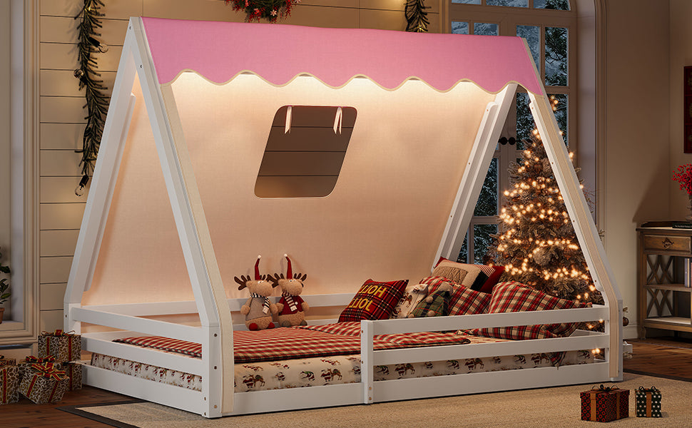 Full Size House Floor Bed with Tent and Light, Solid Wood Teepee Floor Bed with Full-length Guardrails, Montessori and Childlike Design, White+Pink