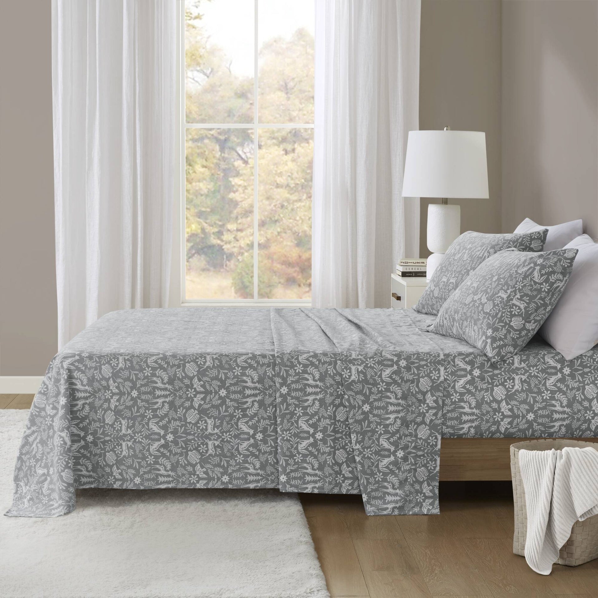 4 Pieces King 100% Cotton Flannel Printed Sheet Set,Sage Winter Fauna