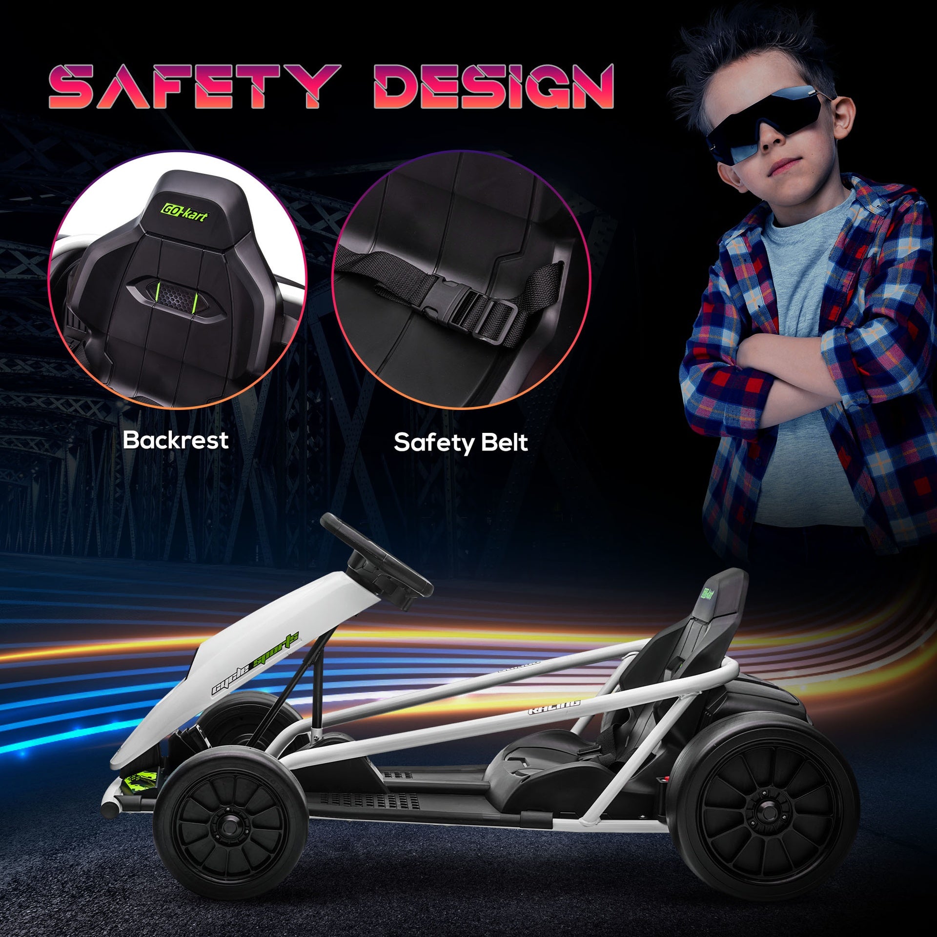 Aosom 24V 8.1 MPH Electric Go Kart, Drifting Car Battery Powered Ride on Toy Outdoor with Slow Start, Music, Horn Honking and Safety Belt, for 8-12 Years Old, White
