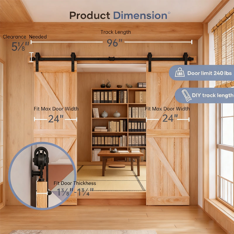 8 FT Double Sliding Barn Door Track and Handle Hardware Kit,Basic J Pulley,Slide Smoothly Quietly,Easy Install (8FT Track Kit for 20"~24" Wide Double Door)