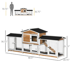 PawHut 90.5" Wooden Rabbit Hutch Bunny Cage Pet Playpen House Enclosure with Double Side Run Boxes, No Leak Tray, Ramp, for Guinea Pig and Small Animals, White
