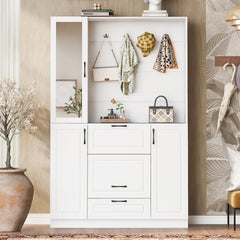VIBE HAUS 51.1'' Entryway Bench with Integrated Shoe Cabinet , 3-in-1 Design and Mirrored Cabinet Door, Hall Tree with 4 Sturdy Hooks and Foldable Seat for Entrance, Living Room