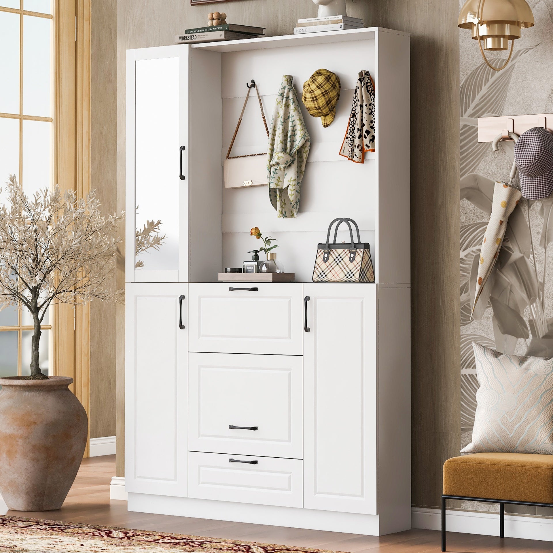 VIBE HAUS 51.1'' Entryway Bench with Integrated Shoe Cabinet , 3-in-1 Design and Mirrored Cabinet Door, Hall Tree with 4 Sturdy Hooks and Foldable Seat for Entrance, Living Room