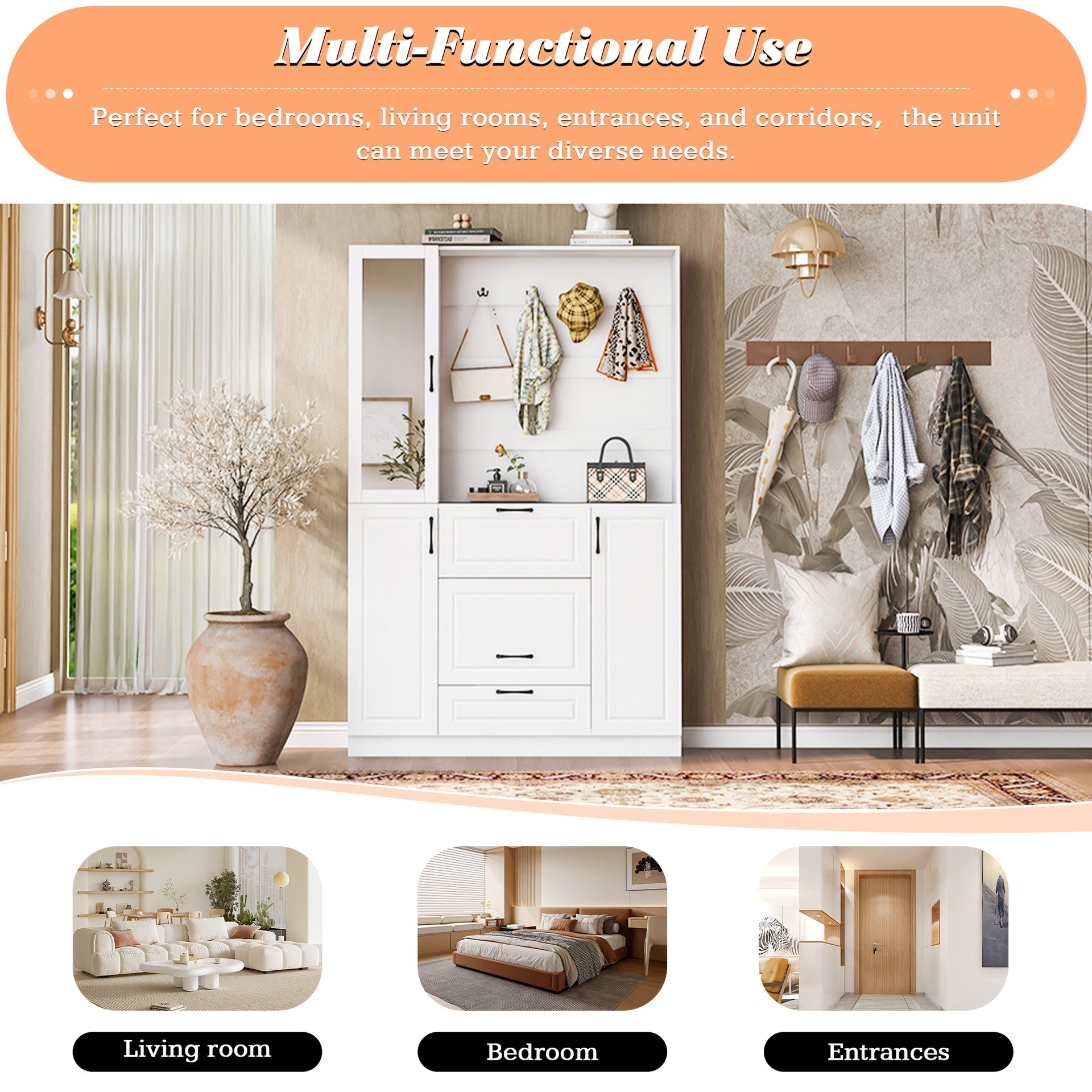 VIBE HAUS 51.1'' Entryway Bench with Integrated Shoe Cabinet , 3-in-1 Design and Mirrored Cabinet Door, Hall Tree with 4 Sturdy Hooks and Foldable Seat for Entrance, Living Room