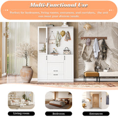 VIBE HAUS 51.1'' Entryway Bench with Integrated Shoe Cabinet , 3-in-1 Design and Mirrored Cabinet Door, Hall Tree with 4 Sturdy Hooks and Foldable Seat for Entrance, Living Room