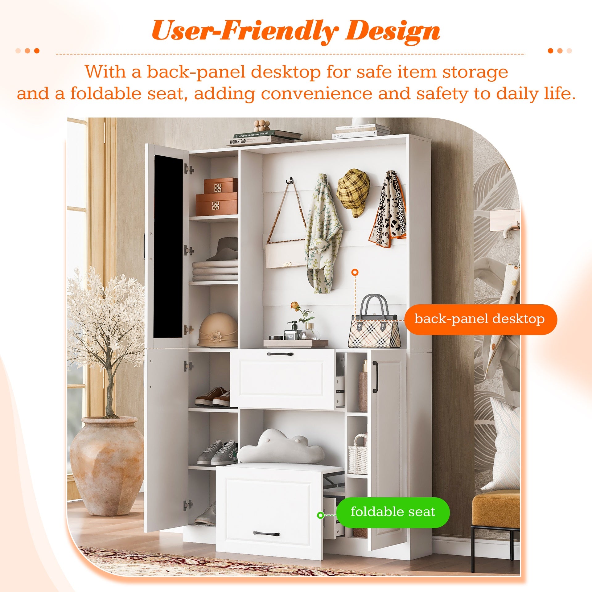 VIBE HAUS 51.1'' Entryway Bench with Integrated Shoe Cabinet , 3-in-1 Design and Mirrored Cabinet Door, Hall Tree with 4 Sturdy Hooks and Foldable Seat for Entrance, Living Room